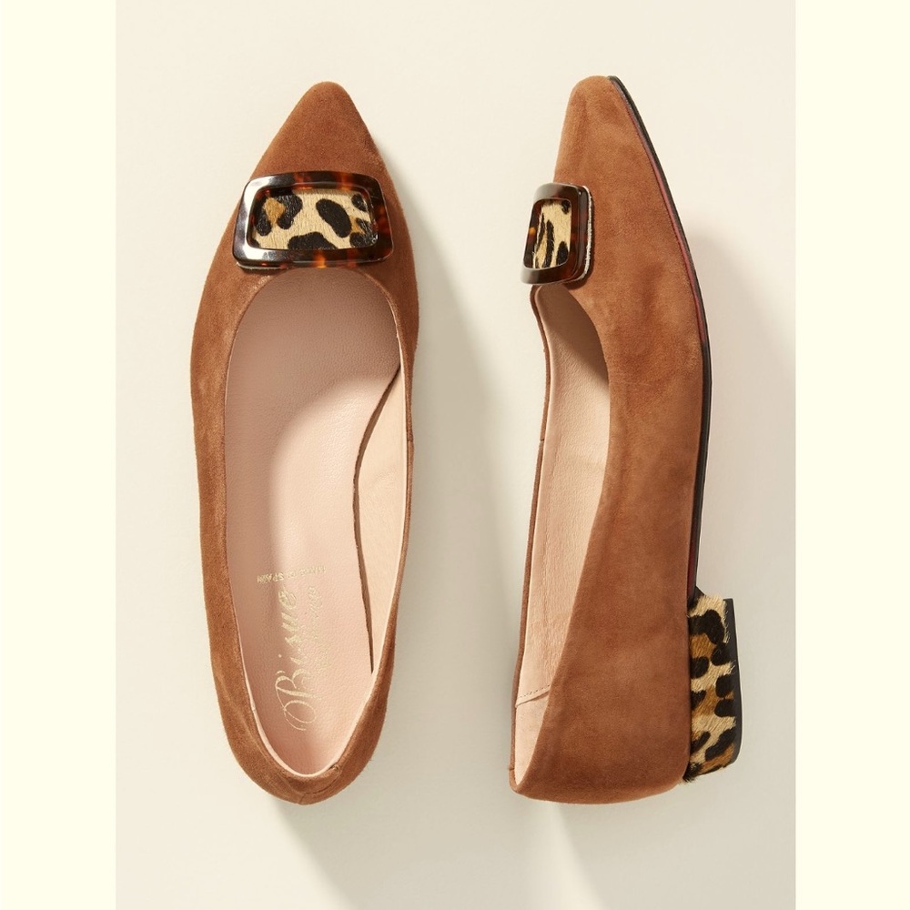 Anthropologie Bisue Ballerinas Tori Flats Leopard Print and Brown Suede